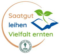 Logo des Vereins zur Erhaltung der Nutzpflanzenvielfalt e.V. . Dort steht in verschiedenen Farben: Saatgut leihen, Vielfalt ernten